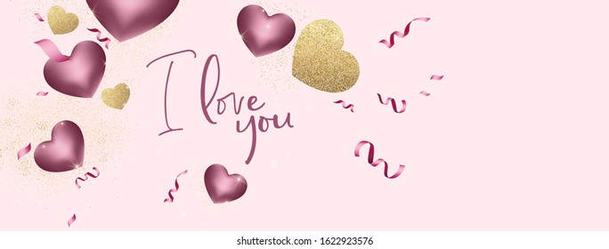 Happy Valentine's day background composition with 3d love hearts for fashion banner, poster or greeting card. Vector illustration