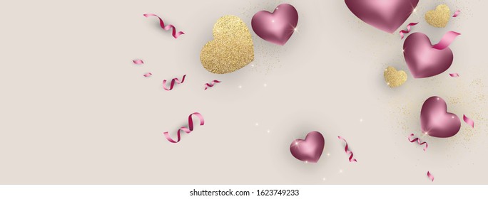 Happy Valentine's day background composition with 3d love hearts for fashion banner, poster or greeting card. Vector illustration