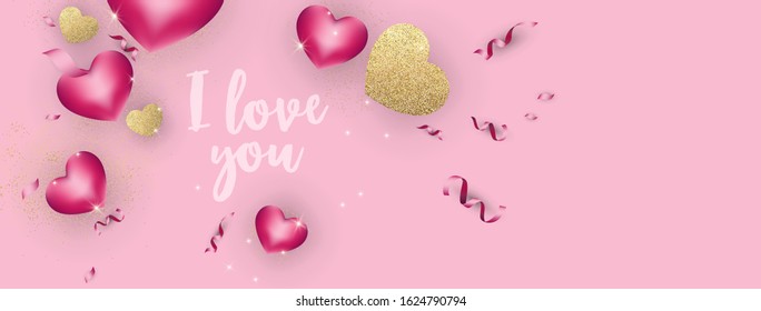 Happy Valentine's day background composition with 3d love hearts for fashion banner, poster or greeting card. Vector illustration