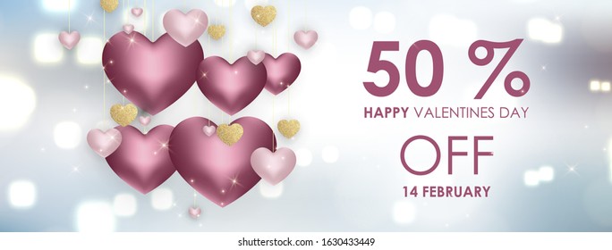 Happy Valentine's day background composition with 3d love hearts for fashion banner, poster or greeting card. Vector illustration