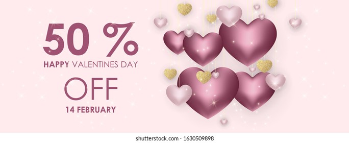 Happy Valentine's day background composition with 3d love hearts for fashion banner, poster or greeting card. Vector illustration
