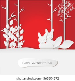 Happy valentines Day background with a couple of fox on snow in the forest,paper cut style,wood design,vector illustration