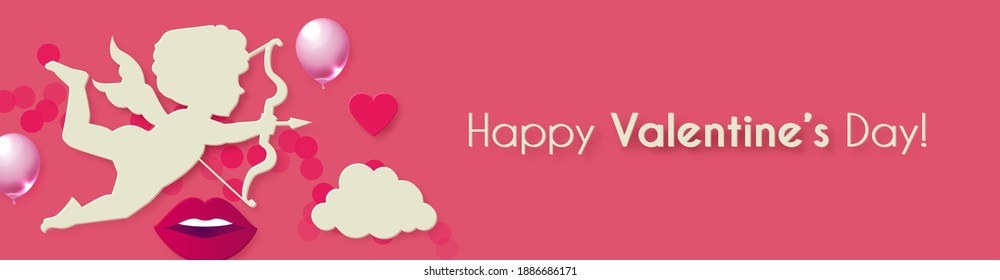 Happy Valentine's day background with Cuped, hearts and clouds. Cute papercut design. - Shutterstock ID 1886686171