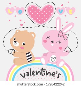 Happy valentines day background with cute teddy bear and rabbit in love sitting on a rainbow vector illustration.