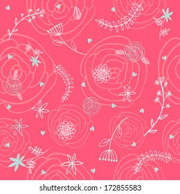 Happy Valentine's Day background with cute flowers and hearts. Seamless pattern