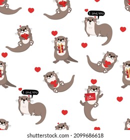 Happy Valentine's Day background with cute otter and red hearts. Animal in love holidays cartoon character seamless pattern and wallpaper. -Vector