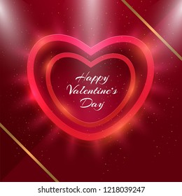 Happy Valentines Day background decorated with heart on glossy red background. 