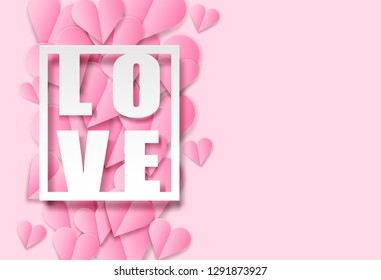 Happy Valentine's day background . Design with love heart on pink background, paper art style . Vector.