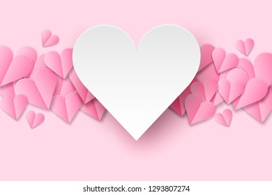Happy Valentine's day background . Design with love heart on pink background, paper art style . Vector.