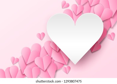 Happy Valentine's day background . Design with love heart on pink background, paper art style . Vector.