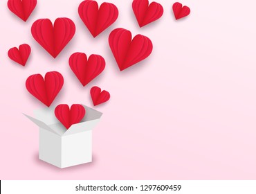 Happy Valentine's day background . Design with  flying heart outside the gift box . Vector 
