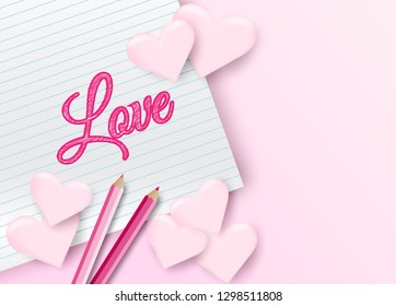 Happy Valentine's day background. Design with heart and stationary ,Write confess love on paper ,pink background, Vector.