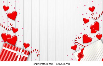 Happy Valentine's day background. Design with heart , gift box and pink foil confetti on white wood background . Vector.