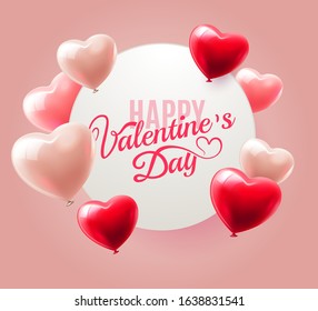 Happy Valentines Day background design with realistic heart shaped balloons and white frame. Greeting card, Valentine's day sale offer, invitation or banner template. Shop market poster design. Vector