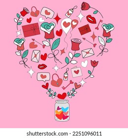 happy valentine's day background doodle heart design illusration love jar cute gift card rose flower colorful vector element wallpaper celebration