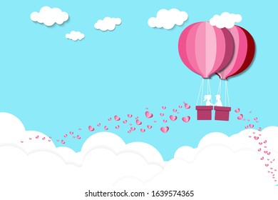 Happy valentine's day background with elegant couple in balloon flying on the sky and heart