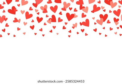 Happy Valentines day background with falling pink and red hearts. Holiday greeting or invitation card. Romantic vector illustration. Design pattern template.