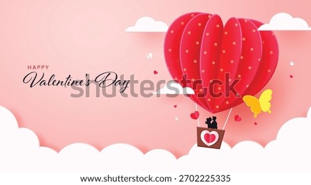 "Happy Valentine's Day" background featuring a couple in a heart-shaped hot air balloon floating among clouds.