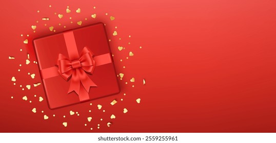 Happy Valentine's Day background. Festive poster, red gift and bow with golden tinsel on red background.