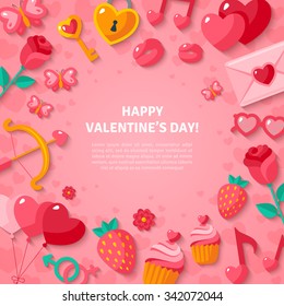 Happy Valentine's Day Background with  Flat Icons. Vector illustration. Love concept symbols. 