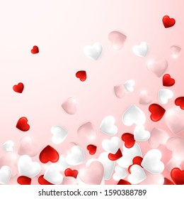 Happy Valentines Day background, flying red, pink and white hearts. Vector illustration.