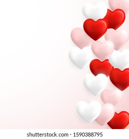 Happy Valentines Day background, flying red, pink and white helium balloon in form of heart. Vector illustration.