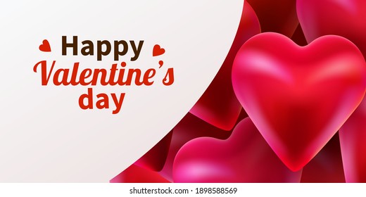 Happy Valentine's Day Background with Flying Glossy Hearts Balloons. Vector illustration