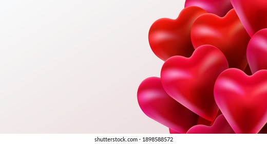 Happy Valentine's Day Background with Flying Glossy Hearts Balloons. Vector illustration