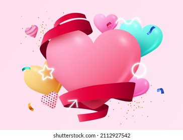 Happy Valentine's Day Background with Flying Hearts Balloons. Vector illustration