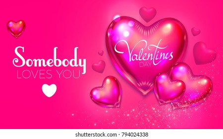 Happy Valentine's Day Background with Flying Glossy Pink Heart Balloons. Vector illustration