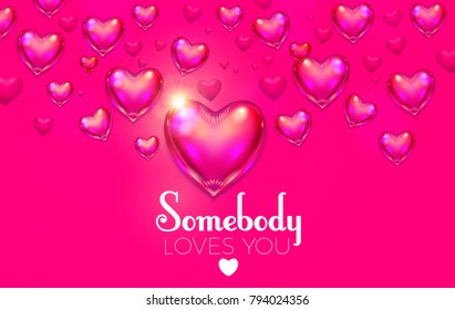 Happy Valentine's Day Background with Flying Glossy Pink Heart Balloons. Vector illustration