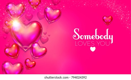 Happy Valentine's Day Background with Flying Glossy Pink Heart Balloons. Vector illustration