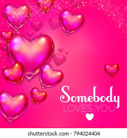 Happy Valentine's Day Background with Flying Glossy Pink Heart Balloons. Vector illustration