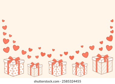 Happy Valentines day background with gift boxes pink hearts. Holiday greeting or invitation card. Romantic vector illustration Design pattern template
