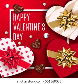 Happy Valentines Day Background with Gift boxes in heart shape, pearl, diamond and chocolate. Give gifts to loved ones.  Vector illustration