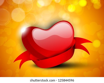 Happy Valentine's Day background with glossy red heart with ribbon on golden background. EPS 10.