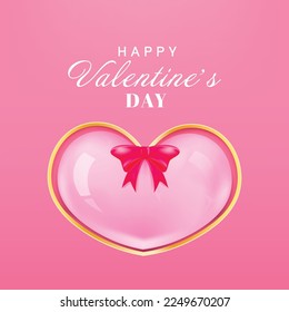 Happy Valentine's Day background, Glossy heart rose quartz on pink paper background. Vector illustration. Cute love banner or valentine's card.