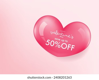 Happy Valentine's Day background, Glossy heart rose quartz on pink paper background. Vector illustration. Cute love banner or valentine's card.