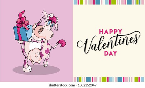 Happy Valentines Day background for greeting card, poster, banner, invitation sea side and template design. Cute Cow cartoon Vector illustration ease editable for Your template.