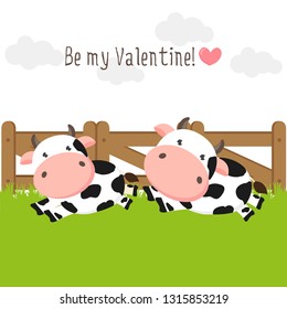 Happy Valentines Day background for greeting card. Couple of cute cows in love on green grass field.