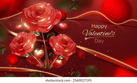 Happy Valentine's Day background, greeting postcard template decorated with red roses and elegant style 3D ornaments and golden glow effect. Vector illustration.