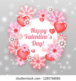 Happy Valentines Day background with heart red rose snowflake gift box