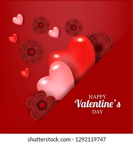 Happy Valentines Day background with heart red rose snowflake gift box - Vector