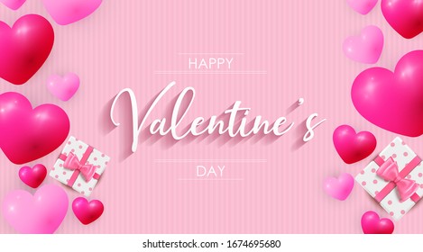 Happy Valentine's day background with heart and present composition for a trendy banner, poster or greeting card