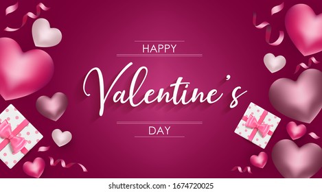 Happy Valentine's day background with heart and present composition for a trendy banner, poster or greeting card