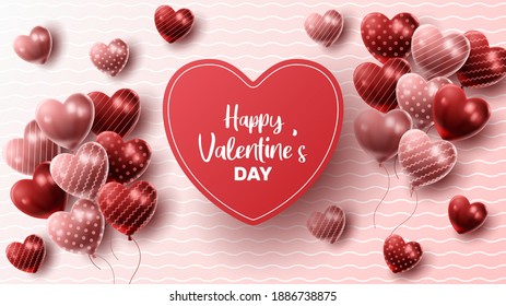Happy Valentine's day background with heart balloon and present composition for banner, poster or greeting card. vector illustration
