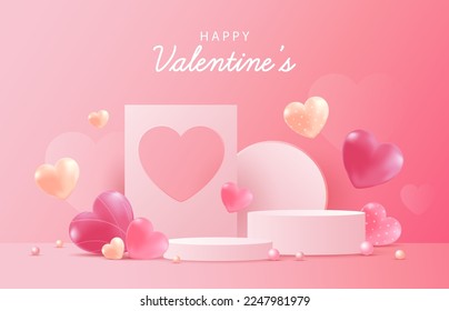 Happy Valentine's Day Background with heart, podium on pink background. Promotion and shopping template for love and valentine's day concept.