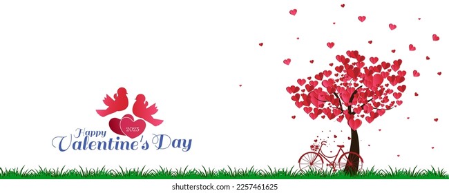 Happy Valentine's Day background with a heart shaped trees and a bicycle with love birds. Vector Illustration.