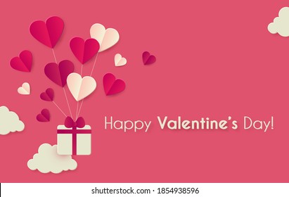 Happy Valentine's day background with hearts, gifts and clouds. Cute papercut design.