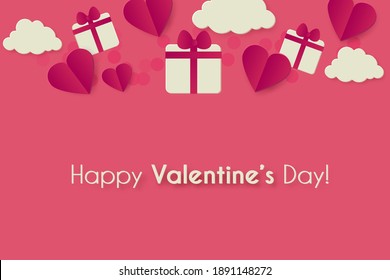 Happy Valentine's day background with hearts, gifts and clouds. Cute papercut design.